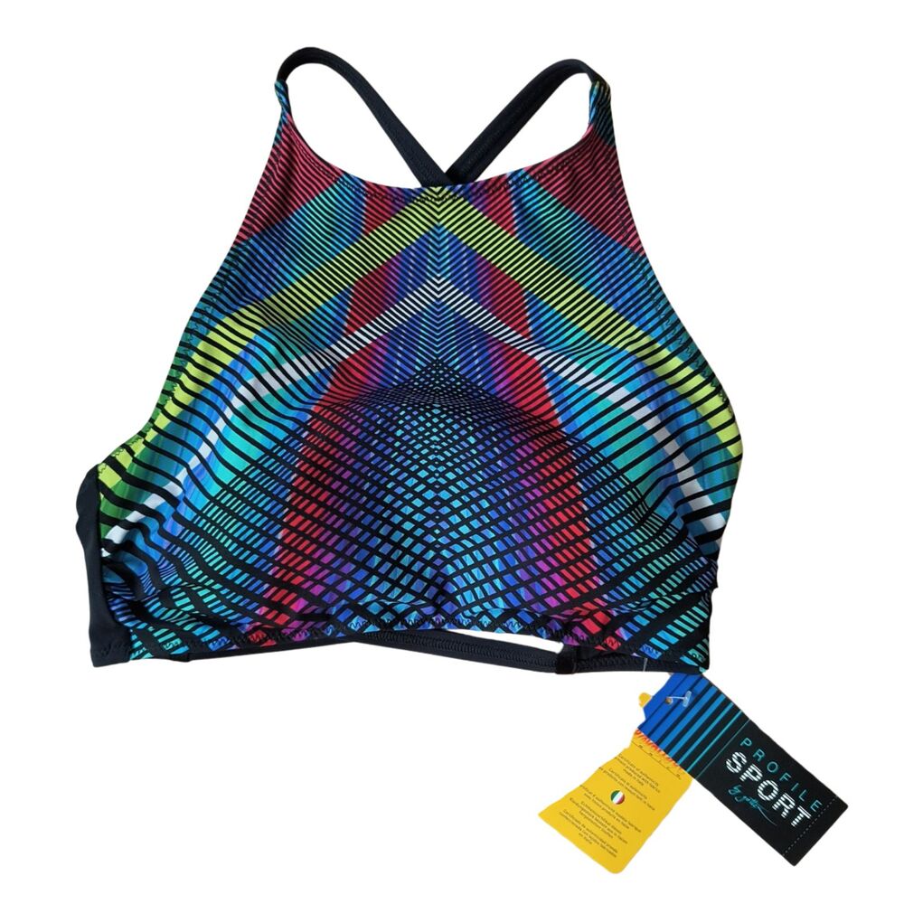 Profile Sport by Gottex Prism High Neck Racerback Bikini Top 8 Multi Geometric